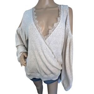Blu Pepper Beige Deep V Wrap Slouchy Sweater And Exposed Shoulders